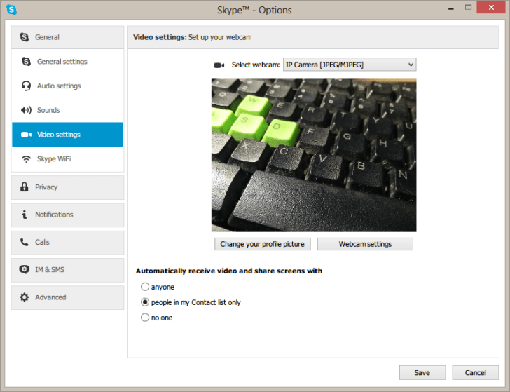 Skype video settings