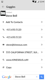 Google Goggles business card scanning result