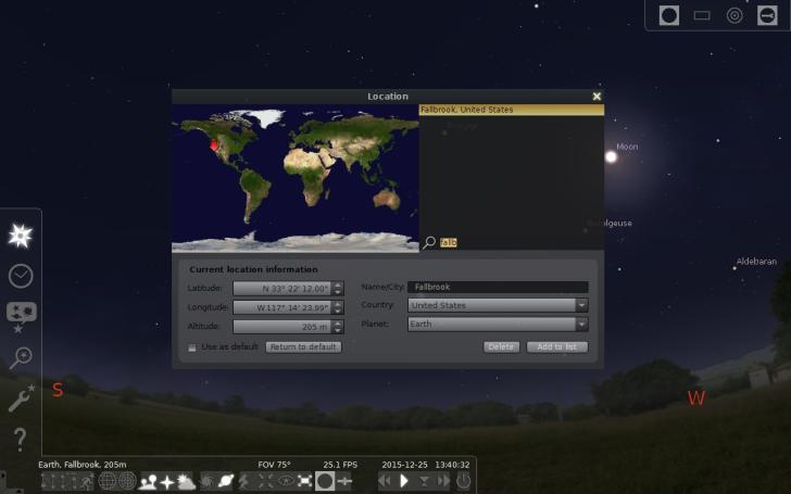 Location menu Stellarium