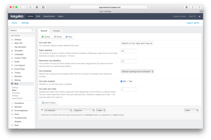 Kayako SLA rule editing