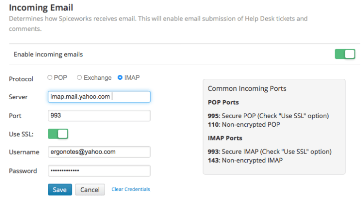 Spiceworks incoming email settings