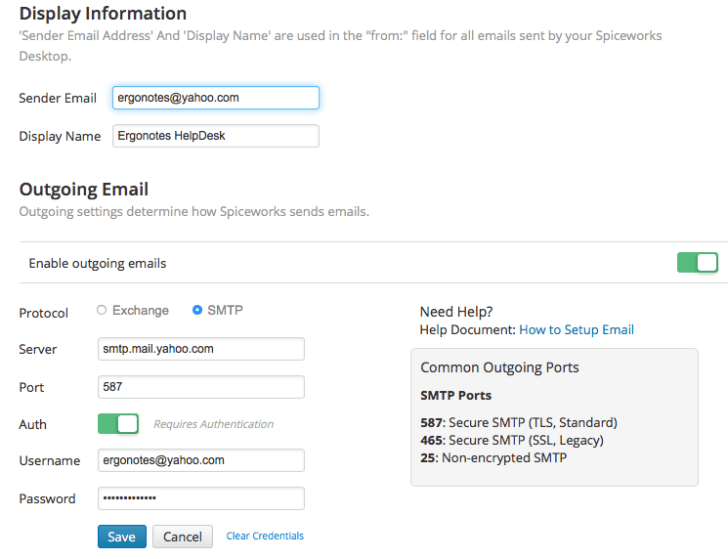 Spiceworks outgoing email settings